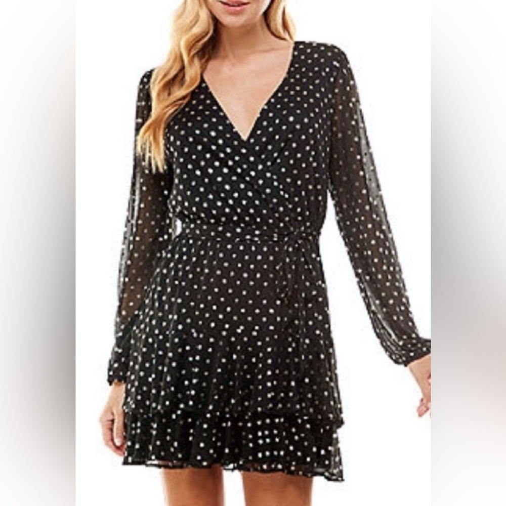 City Studio Black and Gold Metallic Print Long Sleeve Dress
